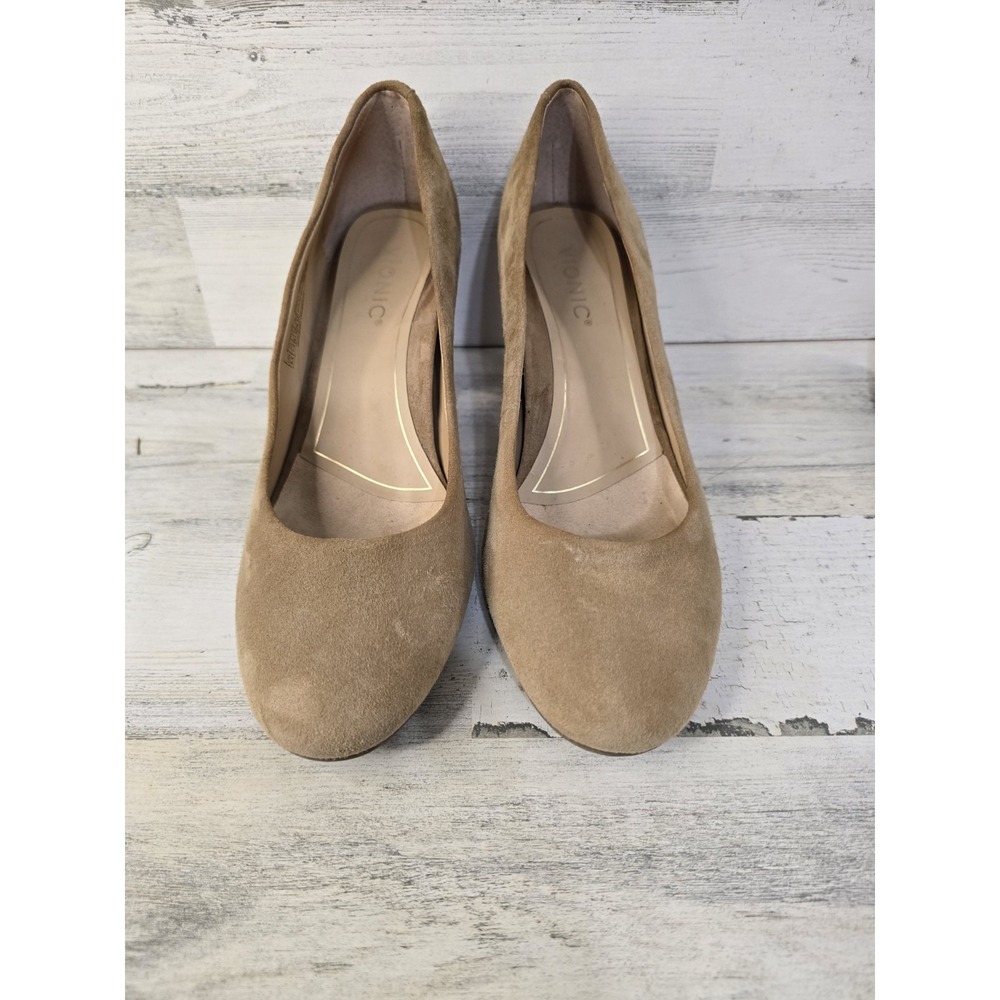 Vionic Tan Suede Block Heel Pumps Almond Toe Comfort Dress Shoes 9M